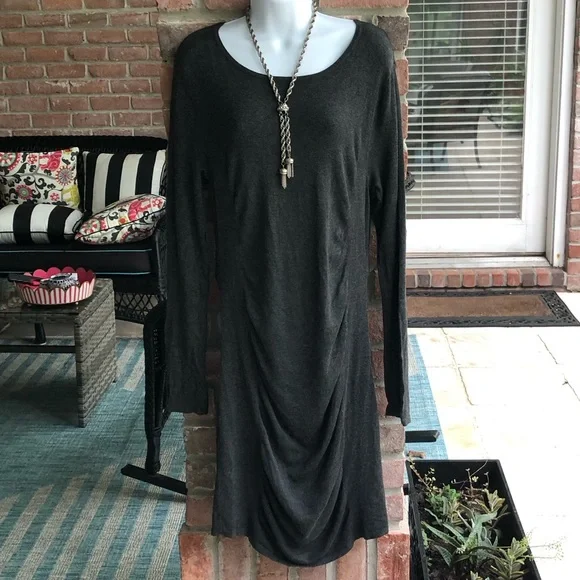 express ruched sweater dress EXPRESS Heather Gray Long Sleeved Scoop Neck Ruched Sweater Dress Large  EUC!!!!!